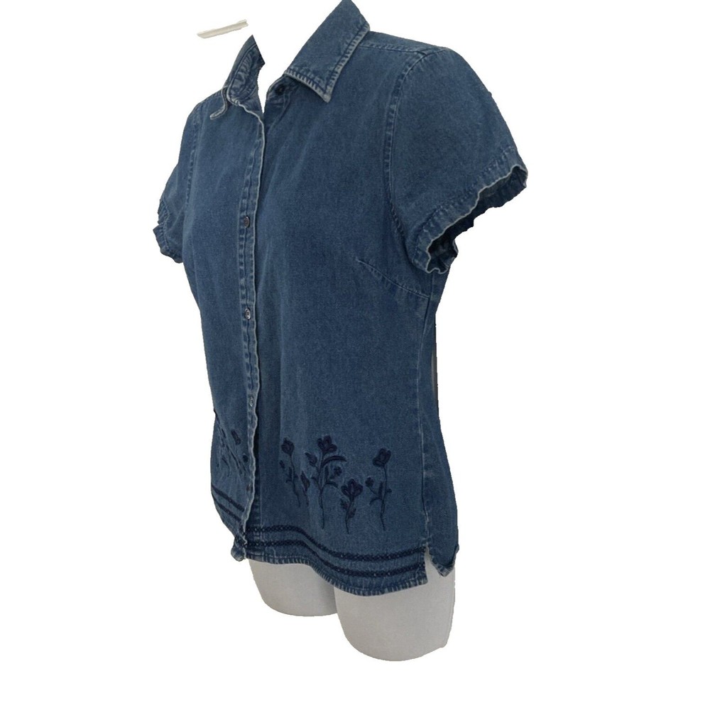 Basic Editions Shirt Womens Small Blue Denim Embroidered Short Sleeve Blouse Y2K - Picture 9 of 10